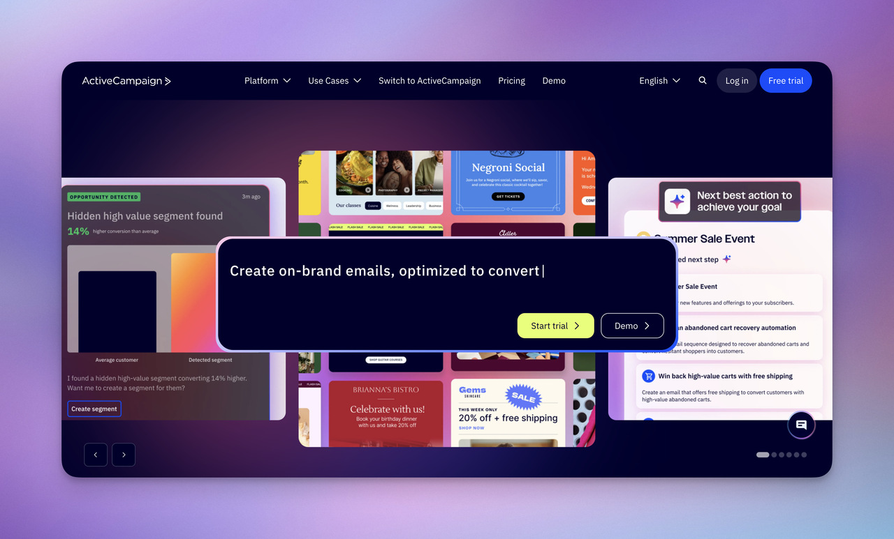ActiveCampaign homepage displaying advanced email automation, segmentation, and AI-powered marketing campaign tools