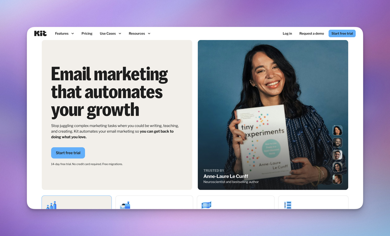 Kit homepage showcasing creator-focused email marketing, newsletter automation, and audience growth tools for creators