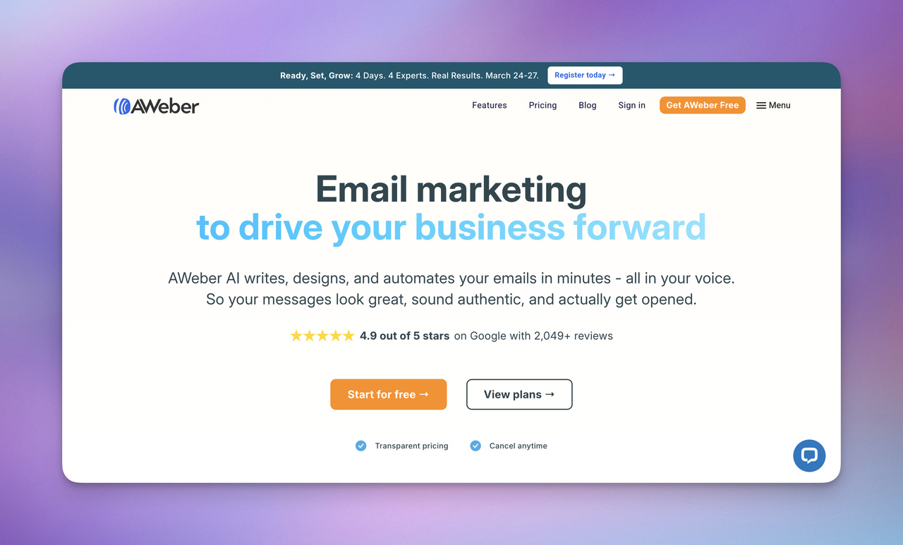 AWeber homepage highlighting AI-powered email marketing, automation, and small business email campaign tools