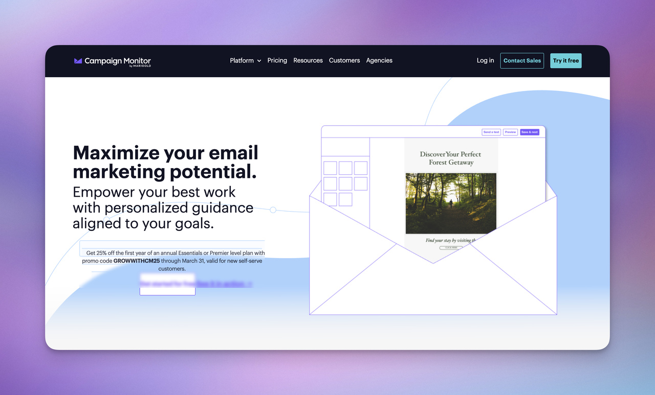 Campaign Monitor homepage featuring email marketing platform with personalized guidance, campaign design, and reporting tools