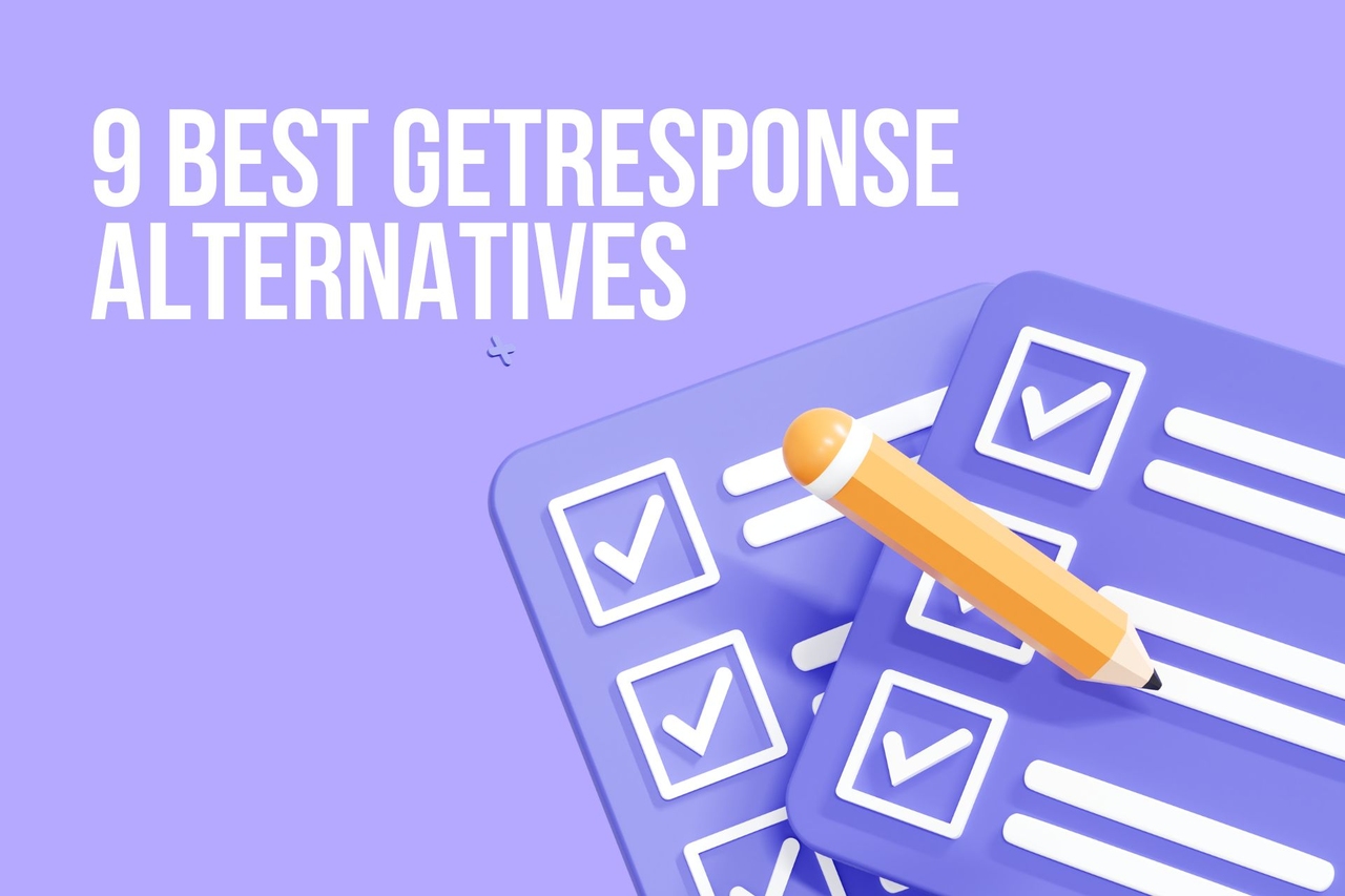 3D illustration for “9 Best GetResponse Alternatives in 2026” featuring purple checklist forms and a pencil on a light purple background.
