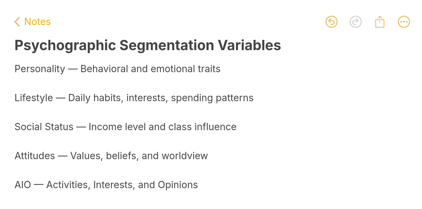 Five psychographic segmentation variables including personality lifestyle social status attitudes and AIO