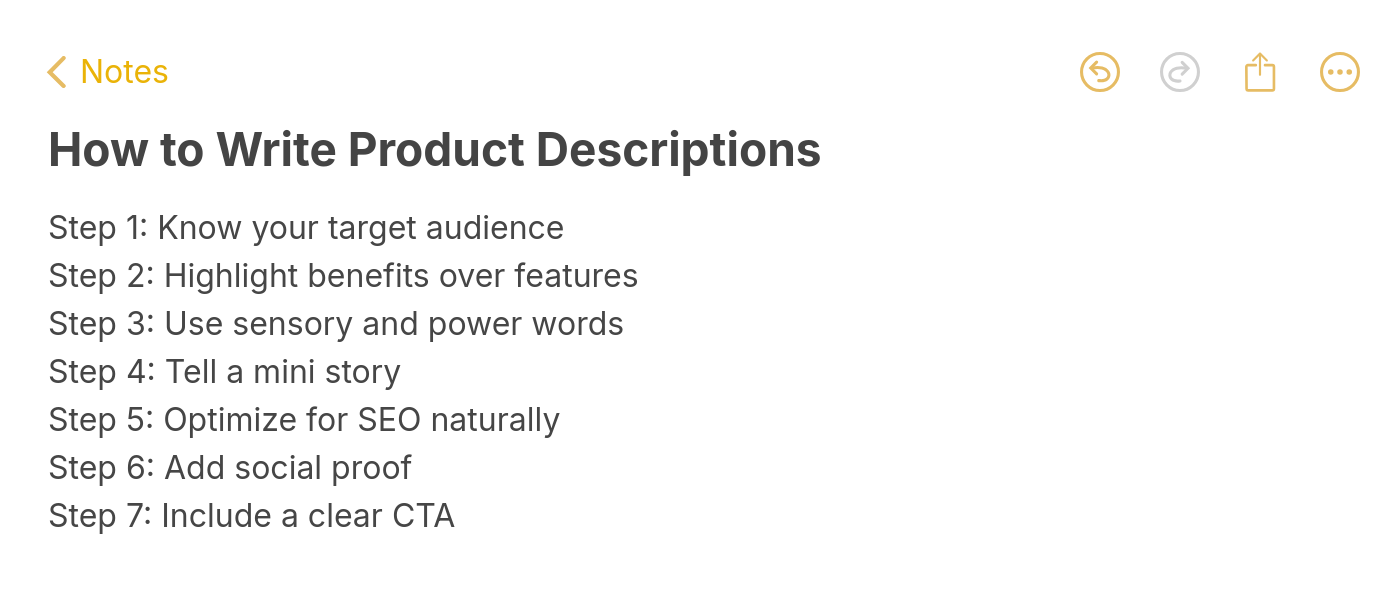 Step-by-step note showing seven steps to write compelling product descriptions