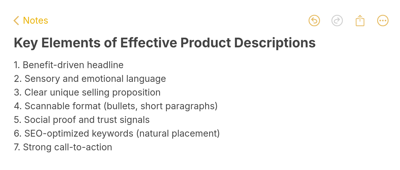 Note listing seven key elements of effective product descriptions