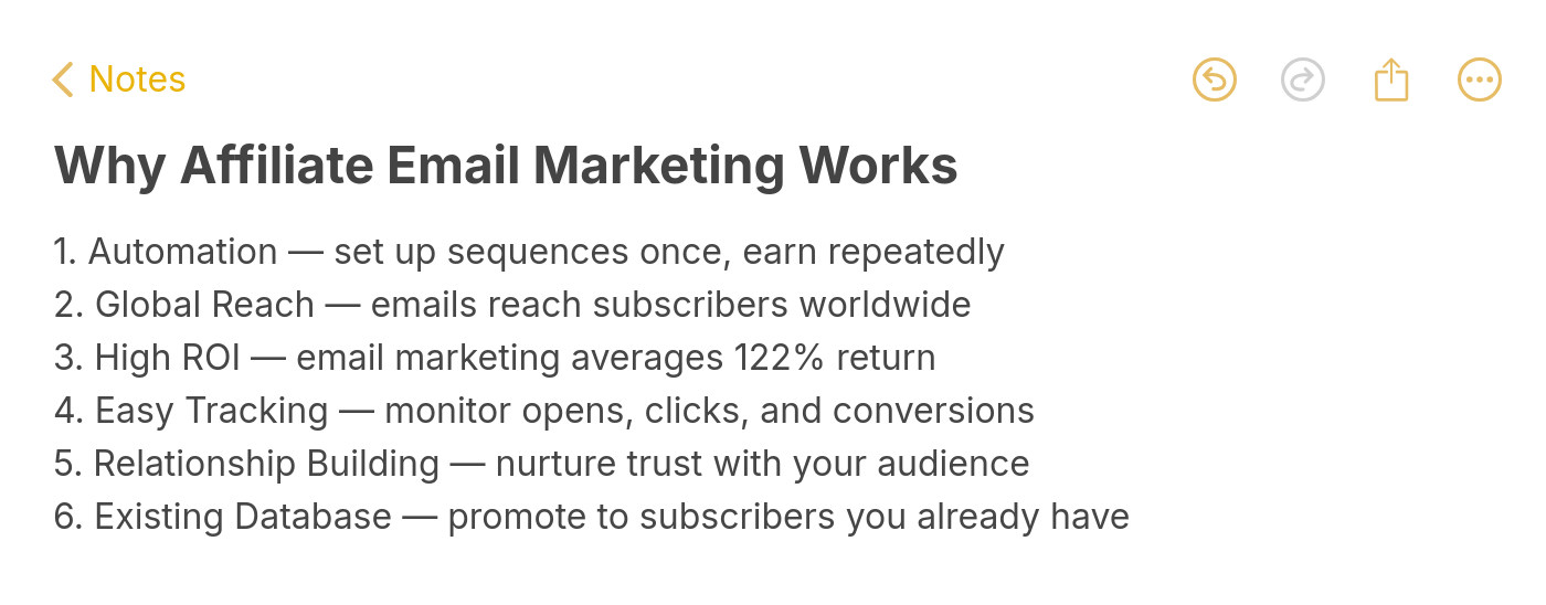 Key benefits of affiliate email marketing including automation, global reach, high ROI, and audience engagement