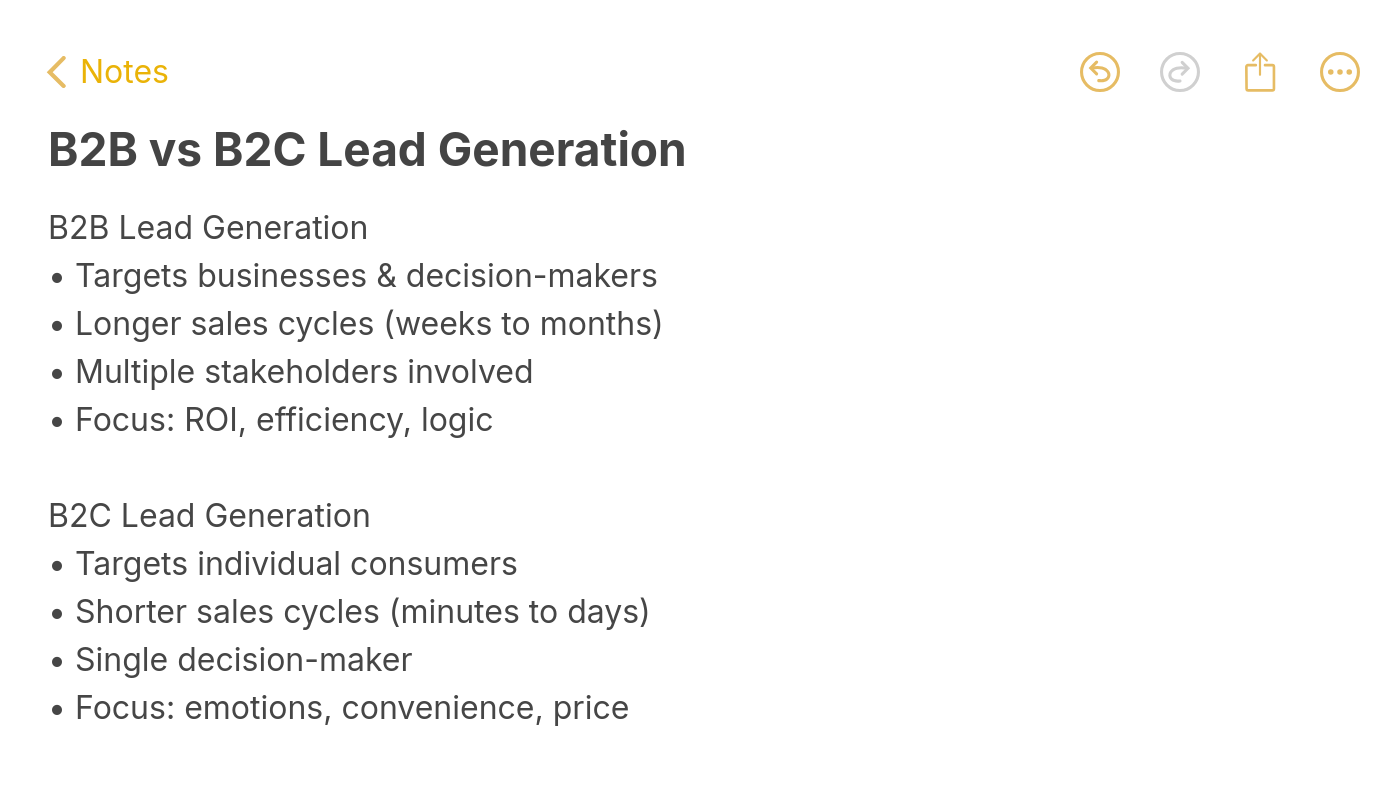 B2B vs B2C lead generation comparison showing key differences