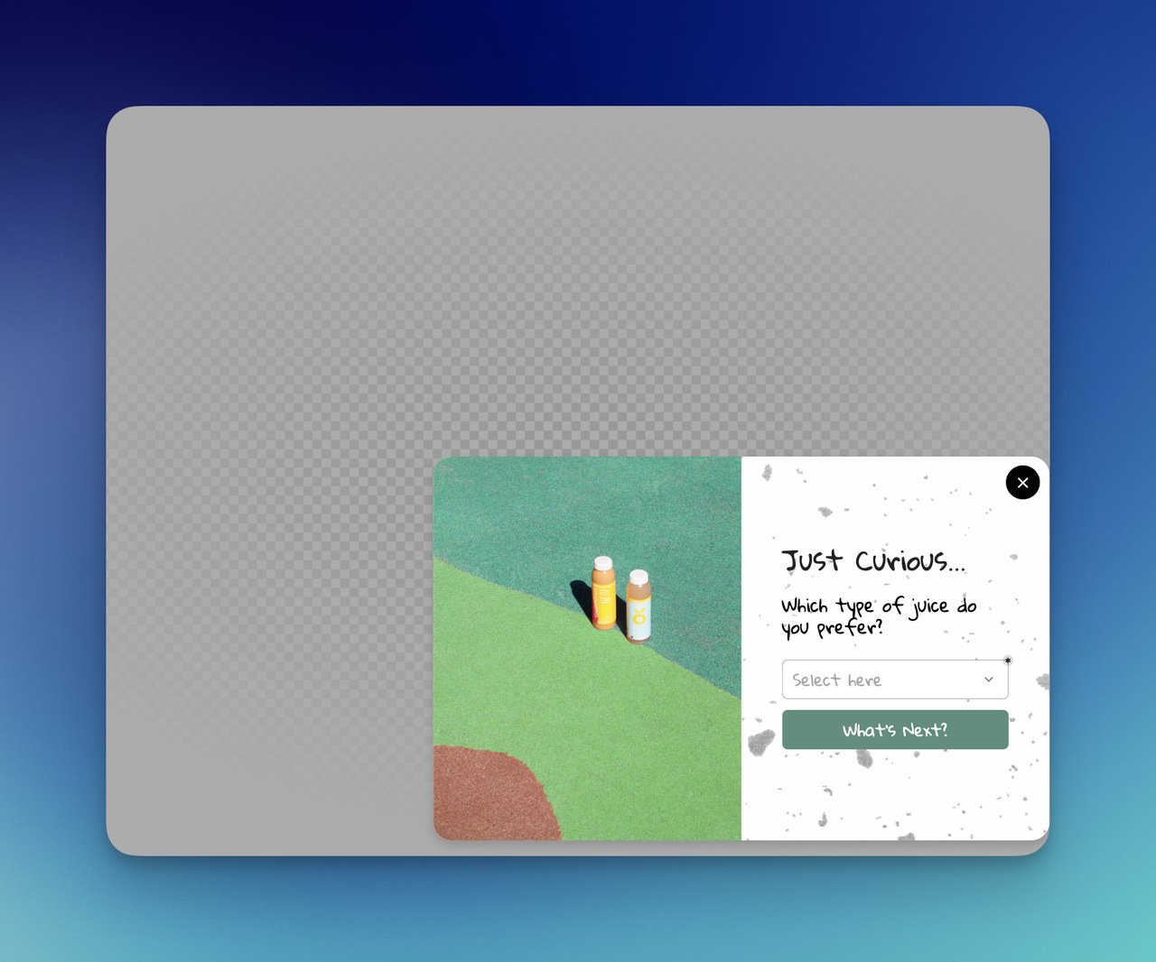 Quiz welcome popup asking product preference question with dropdown field, CTA button, and split-screen product image design