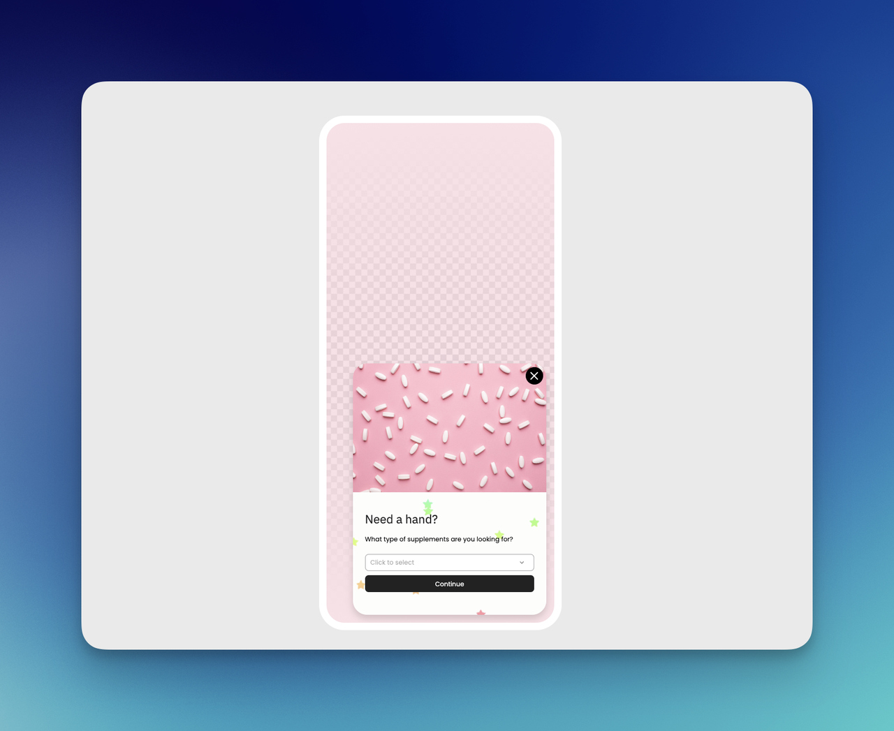 Mobile-friendly welcome popup example with supplement selection dropdown, CTA button, and compact smartphone popup layout