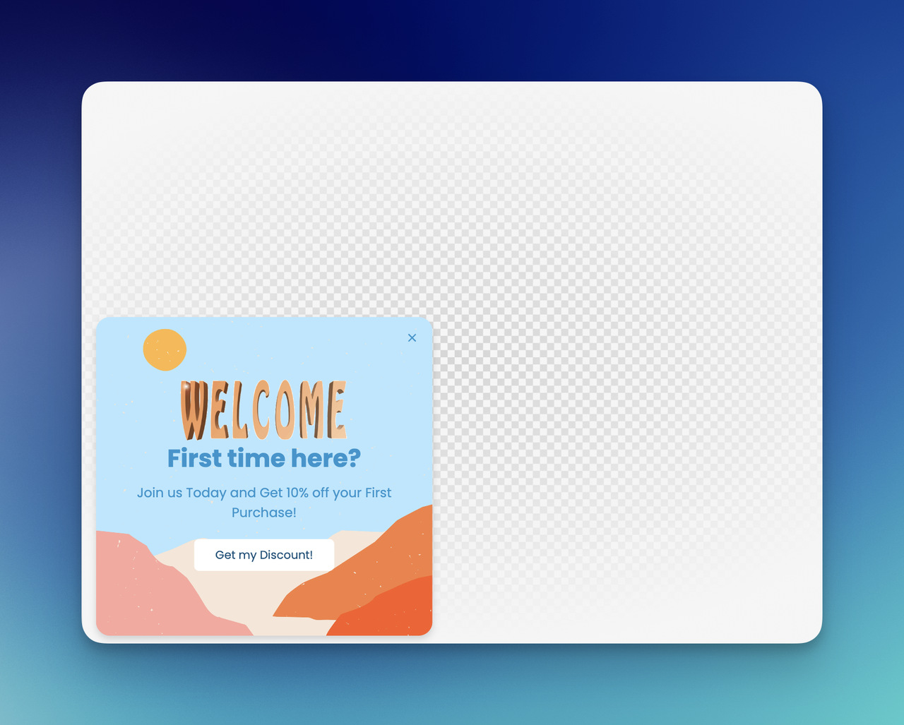 First-time visitor welcome popup offering 10 percent discount on first purchase with CTA button and colorful illustrated background