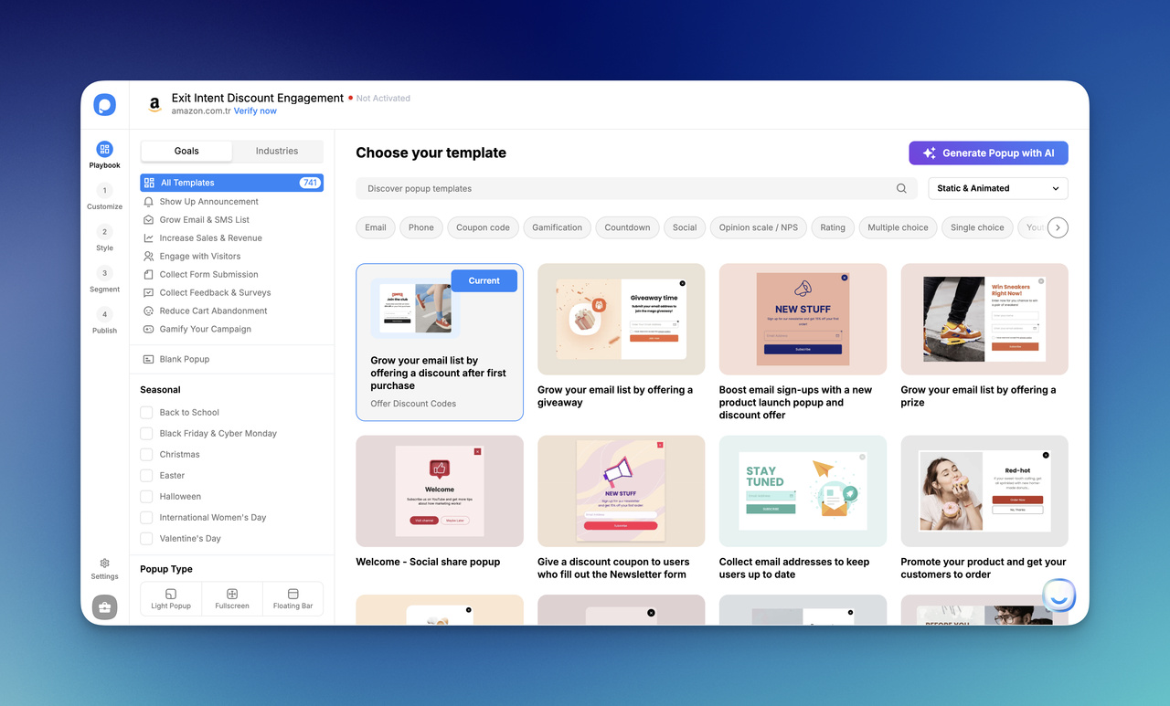 Alt text: Popupsmart template library for creating a welcome popup with email signup, discount, giveaway, and newsletter popup templates