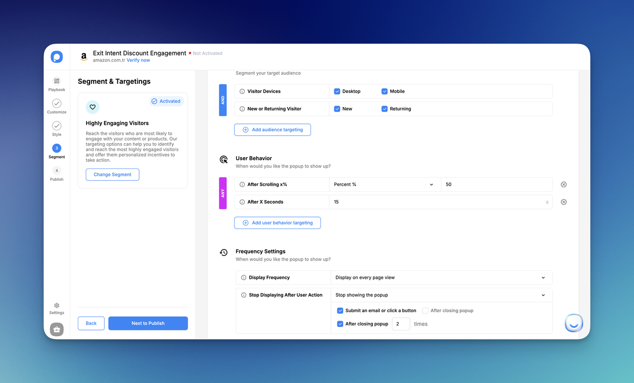 Popupsmart segment and targeting settings for a welcome popup with device targeting, visitor behavior rules, and display frequency options