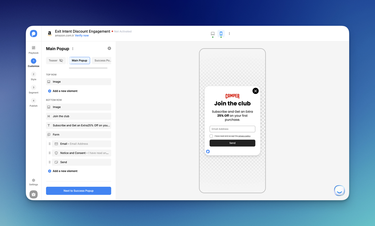 Popupsmart popup editor showing mobile welcome popup design with email signup form, headline, CTA button, and image blocks
