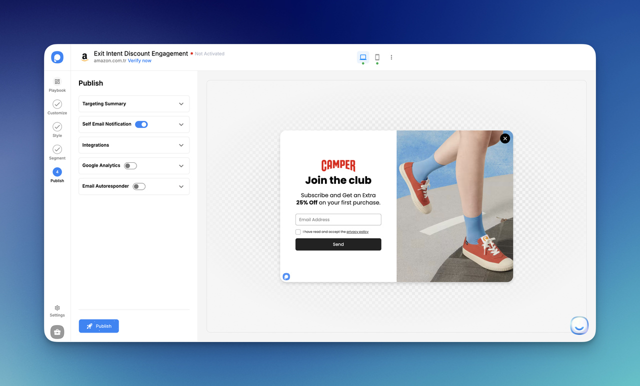 Popupsmart publish screen showing final welcome popup preview with targeting summary, integrations, email notifications, and publish button