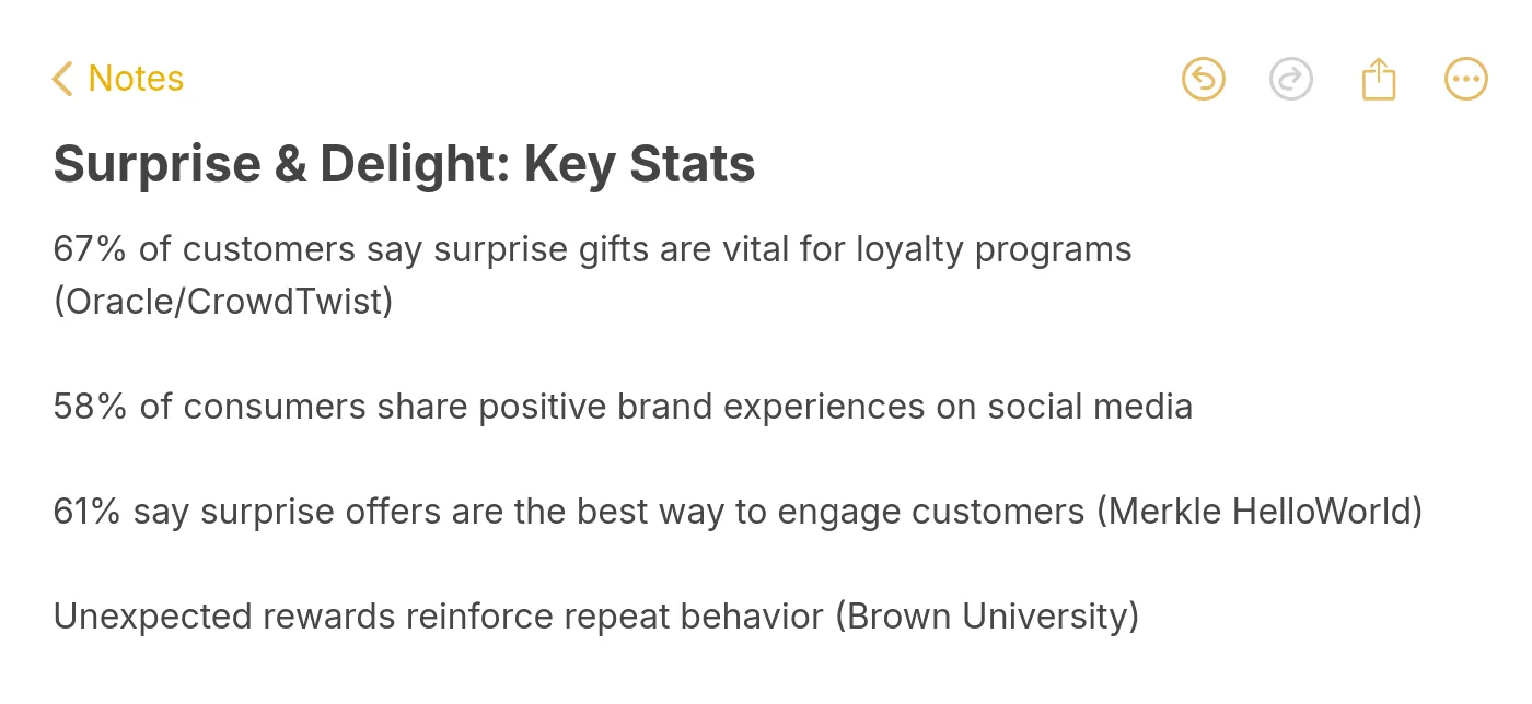 Key statistics about surprise and delight marketing showing customer preferences