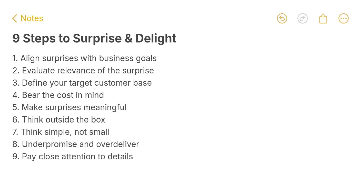 Checklist listing the 9 steps of surprise and delight marketing strategy