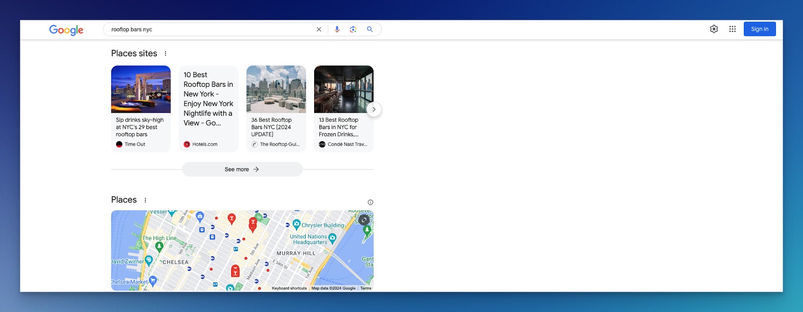 Local SEO Google Search example for the search term rooftop bars nyc