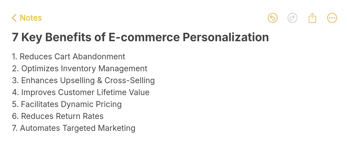 7 key benefits of e-commerce personalization including reduced cart abandonment, dynamic pricing, and automated marketing