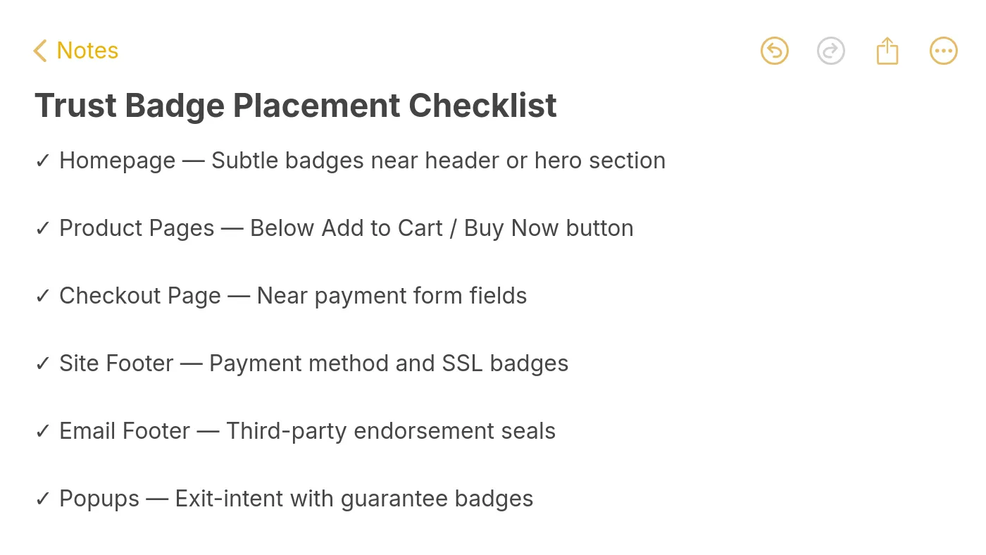 Trust badge placement checklist covering homepage, product pages, checkout, footer, email, and popups