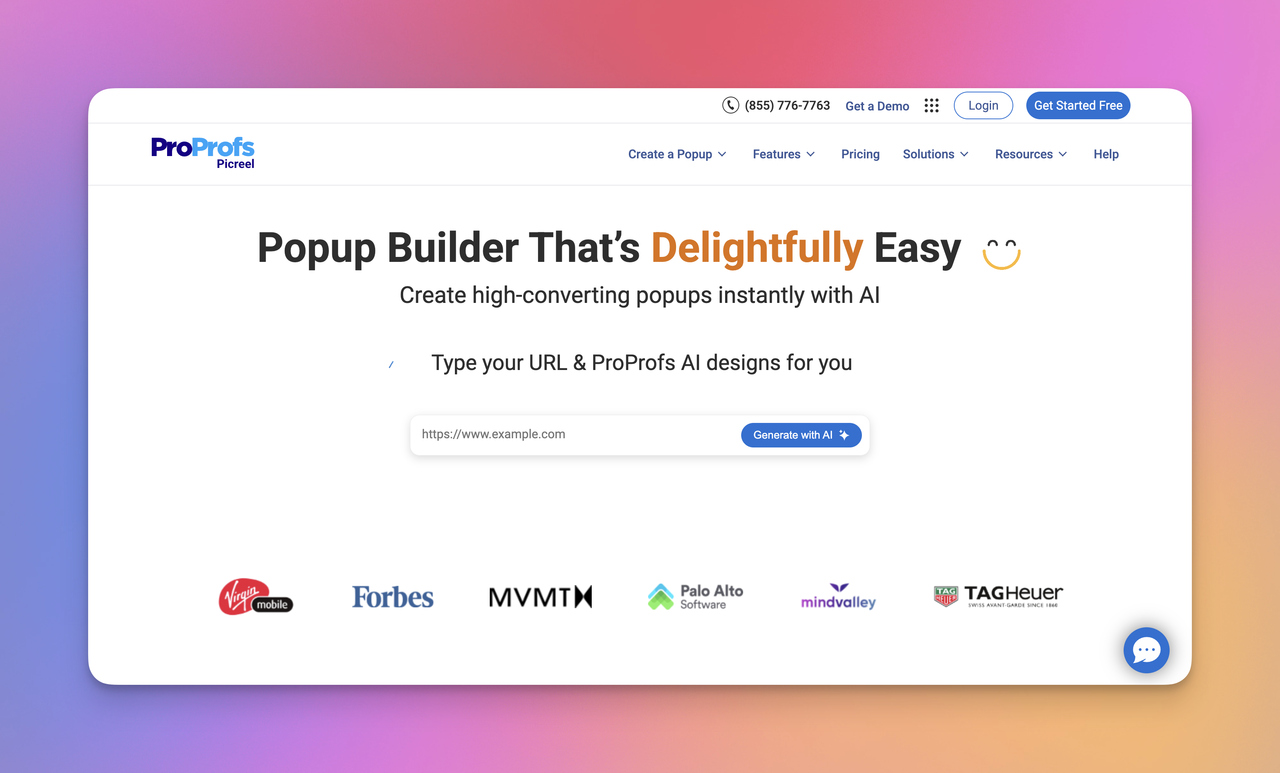 Picreel popup builder homepage featuring AI popup creation, website URL input, and high-converting popup design