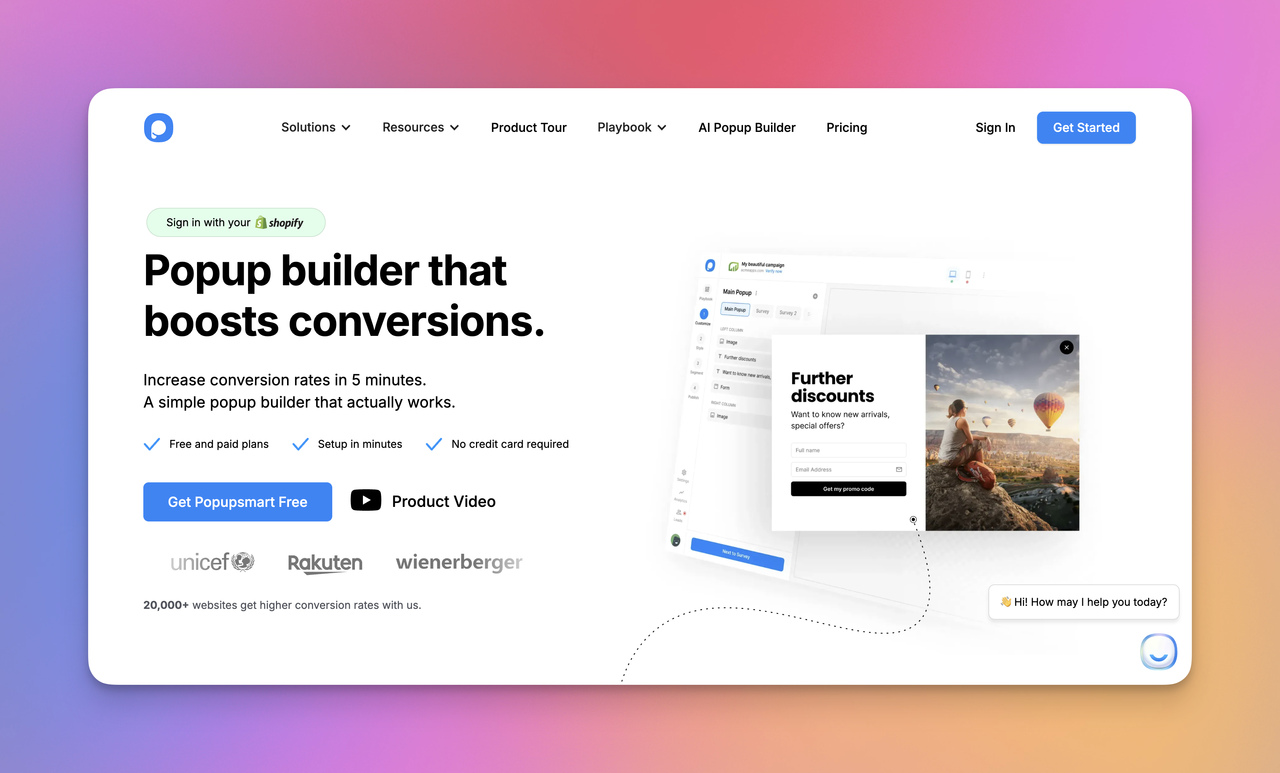 Popupsmart popup builder homepage showcasing website popups, conversion boosts, and lead capture tools