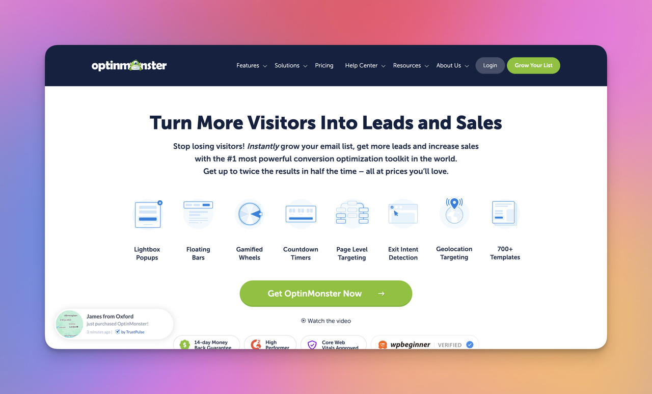 OptinMonster popup builder homepage featuring lead generation tools, exit intent popups, and targeting features