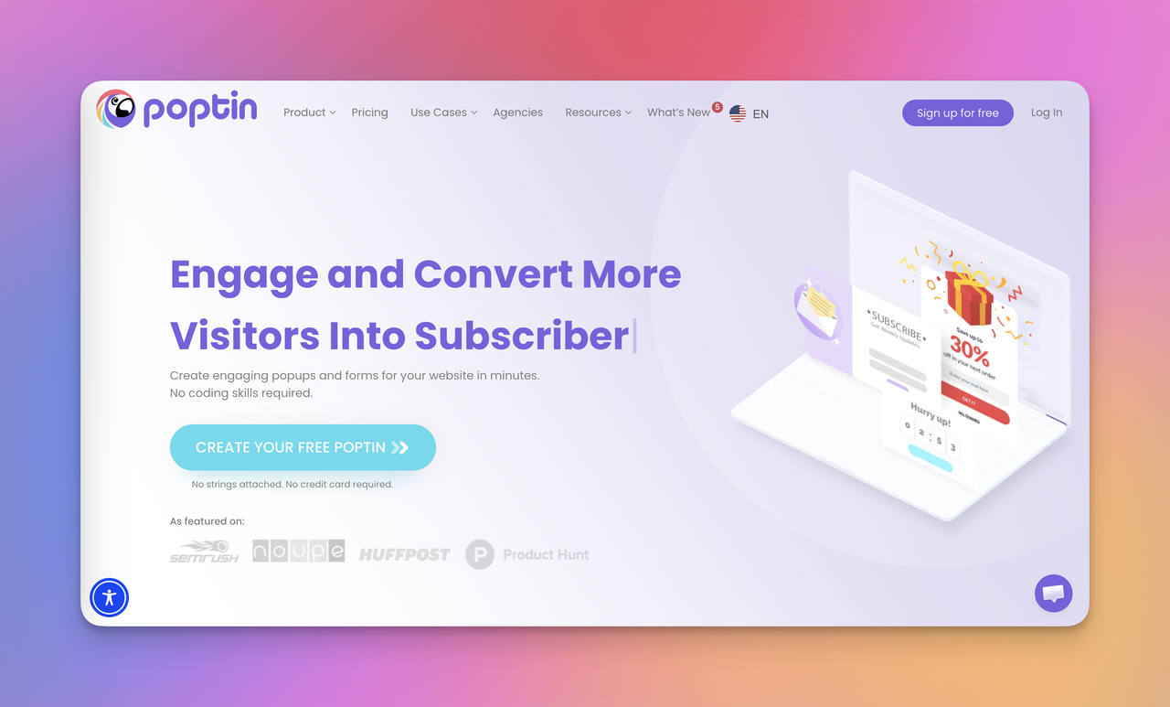 Poptin popup builder homepage with subscriber conversion message and website popup campaign preview
