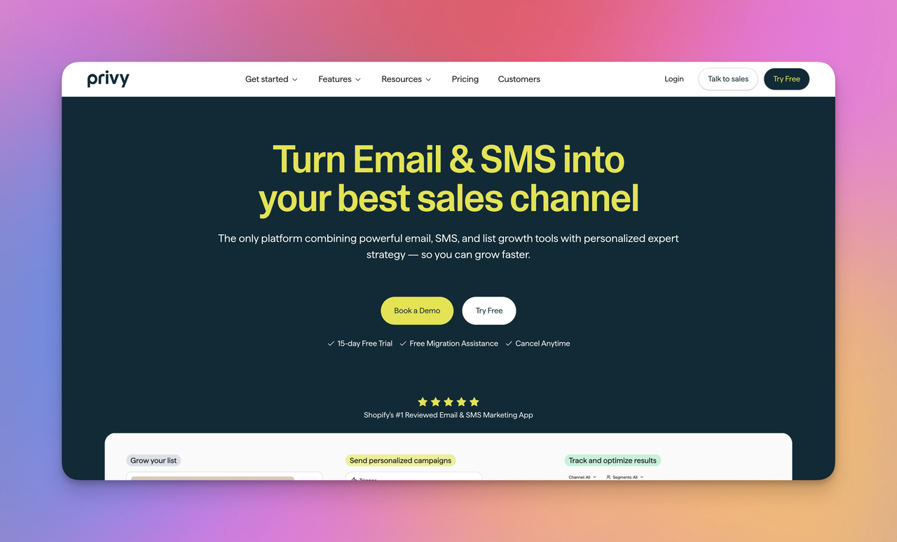 Privy homepage promoting email and SMS marketing, list growth tools, and ecommerce sales conversion features