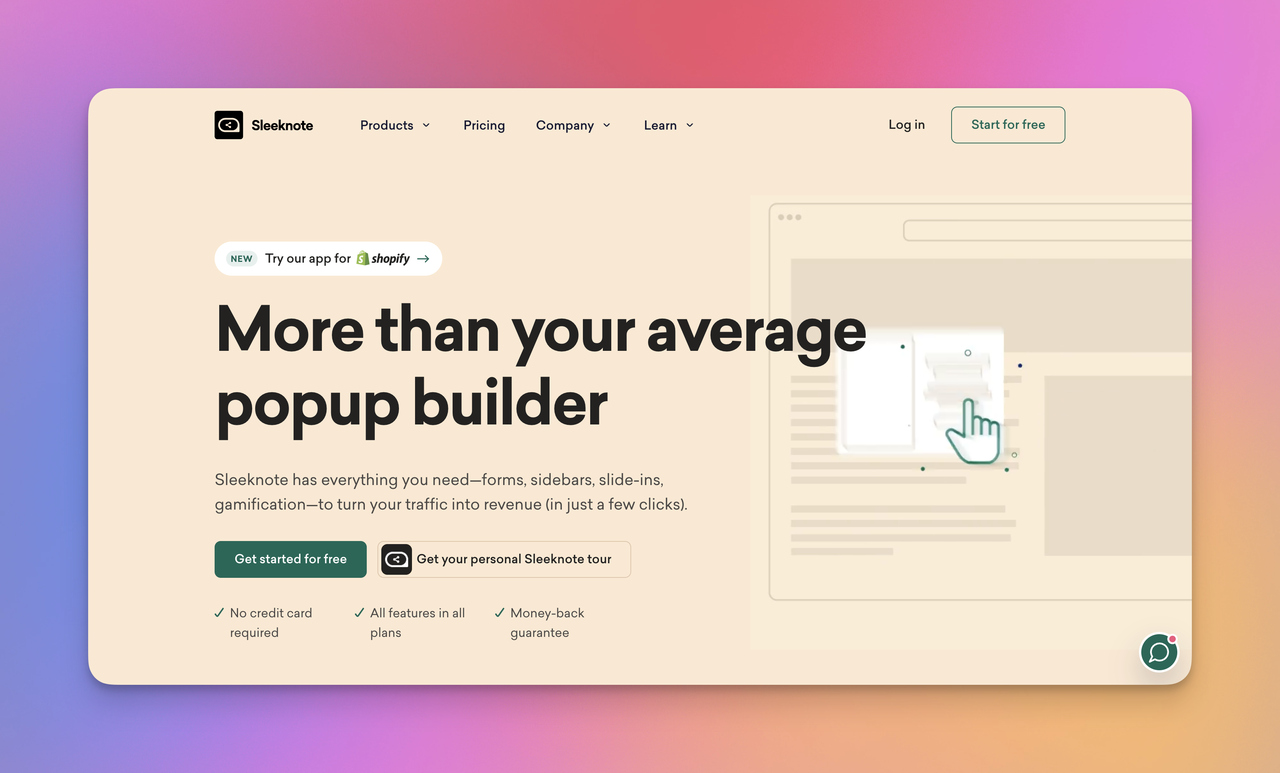 Sleeknote popup builder homepage showing website popups, forms, slide-ins, and Shopify app promotion