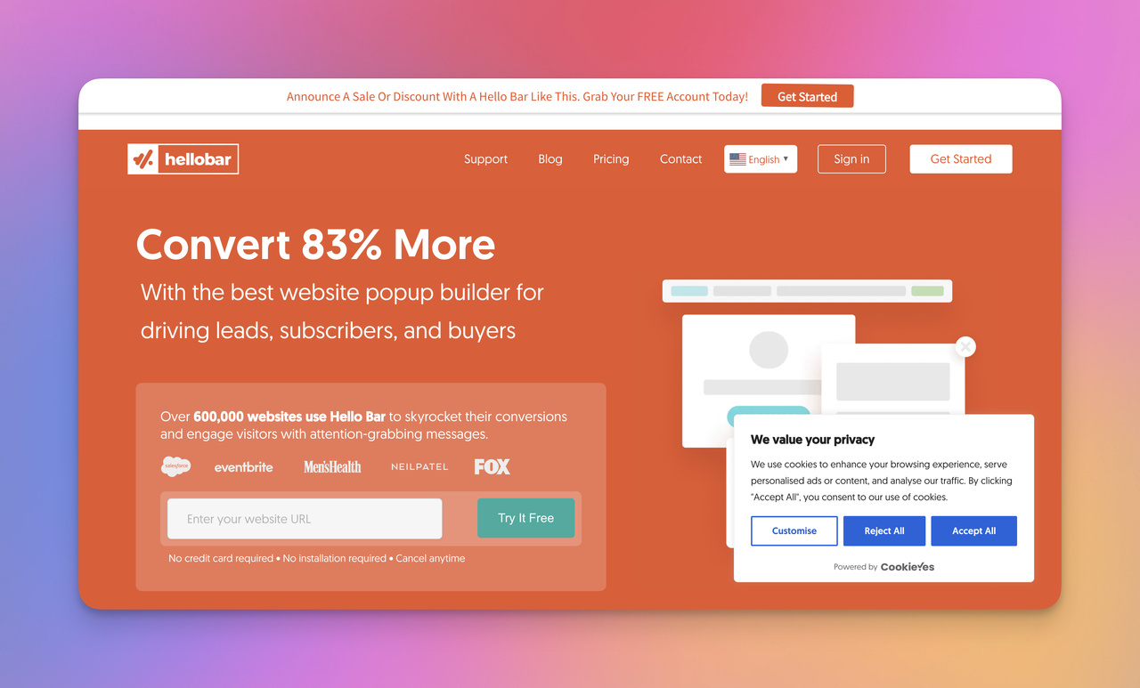 Hello Bar popup builder homepage with lead generation message bar, website popup example, and signup form