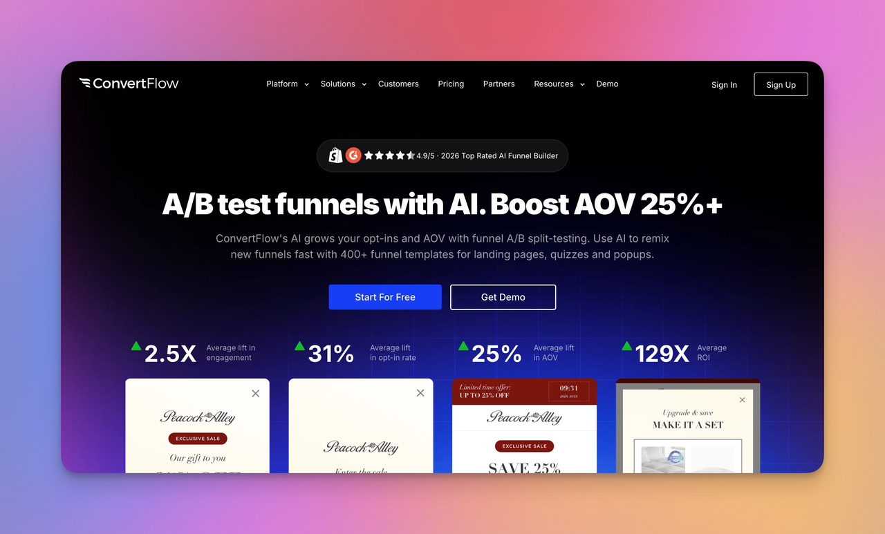ConvertFlow homepage highlighting AI funnel A/B testing, popup optimization, and ecommerce conversion growth