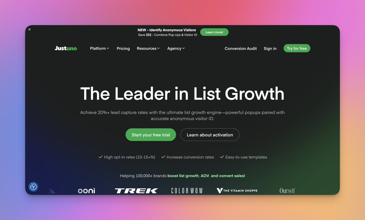 Justuno popup builder homepage focused on list growth, lead capture, and ecommerce conversion optimization