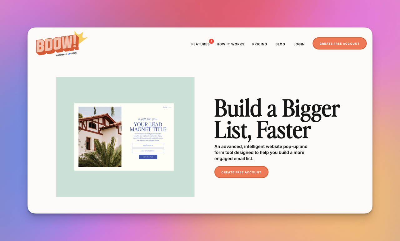 BDOW popup builder homepage with lead generation form preview and email list growth messaging