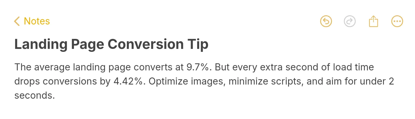 Apple Notes style tip about landing page conversion rates and load time optimization