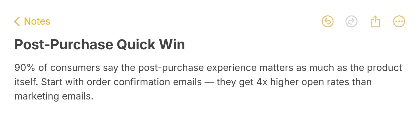 Apple Notes style tip about post-purchase experience importance and order confirmation emails