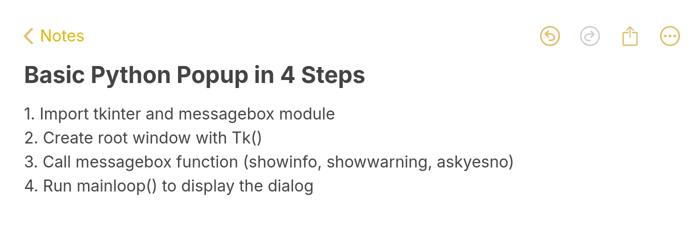 Four step quick reference for creating a basic Python Tkinter popup dialog