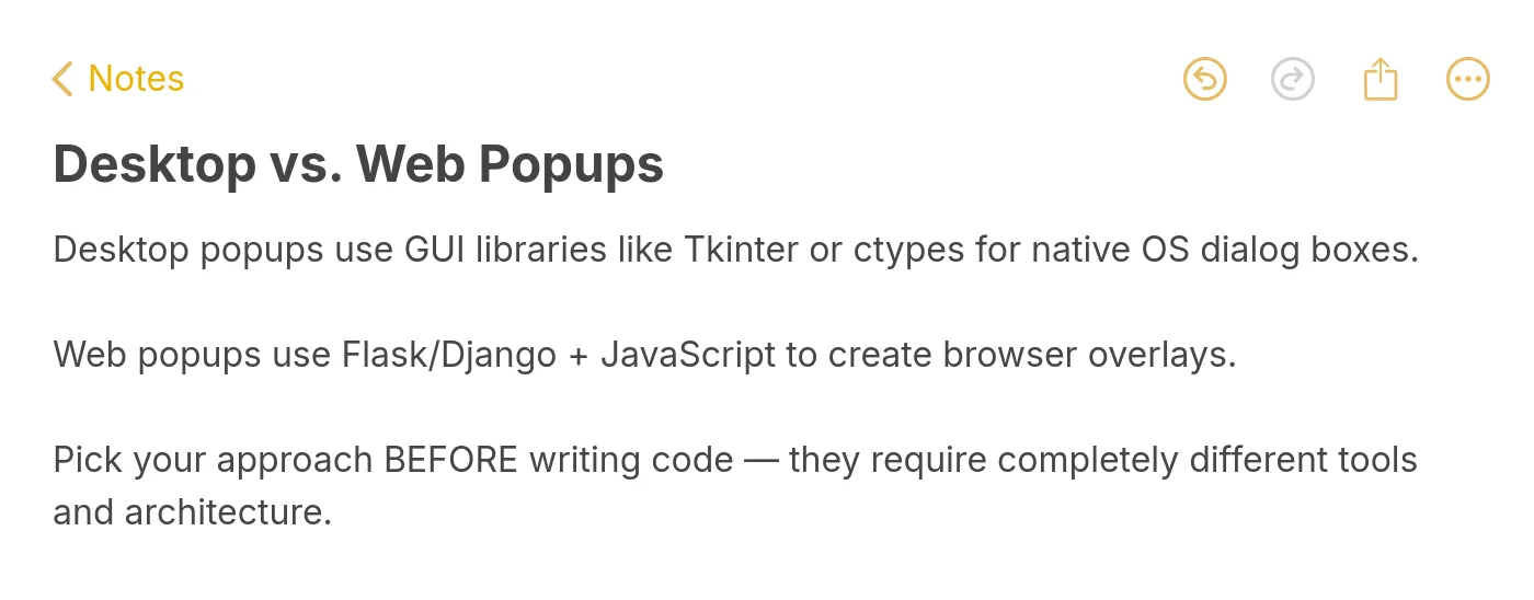 Apple Notes style callout comparing desktop and web popup approaches in Python