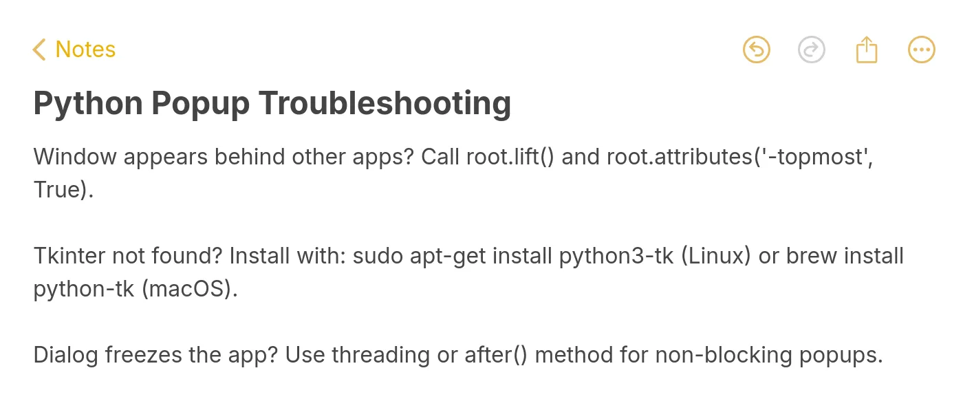 Troubleshooting tips for common Python popup issues including window focus and threading