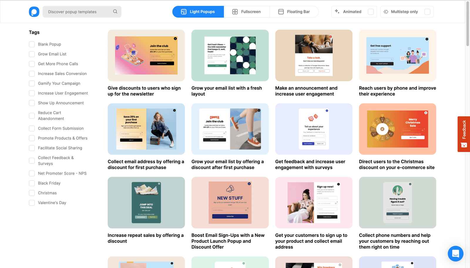Popupsmart popup builder dashboard's select your business objective