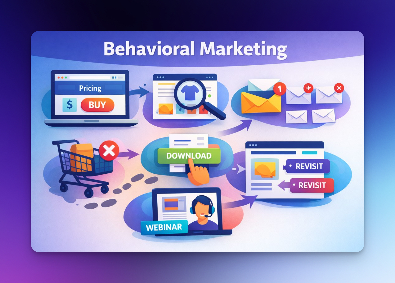 What is behavioral marketing infographic showing pricing page visits, cart abandonment, guide downloads, webinar signups, and revisit triggers