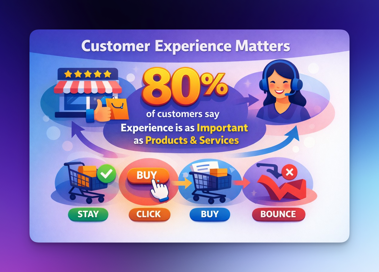 Customer experience statistic visual showing 80 percent of customers say experience is as important as products and services