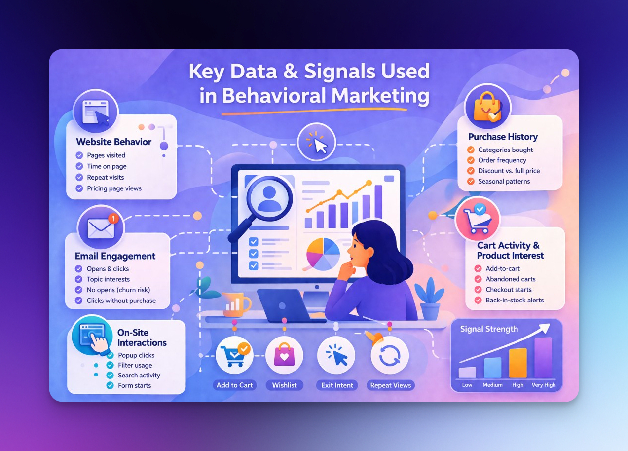 Key data and signals used in behavioral marketing including website behavior, email engagement, purchase history, and cart activity
