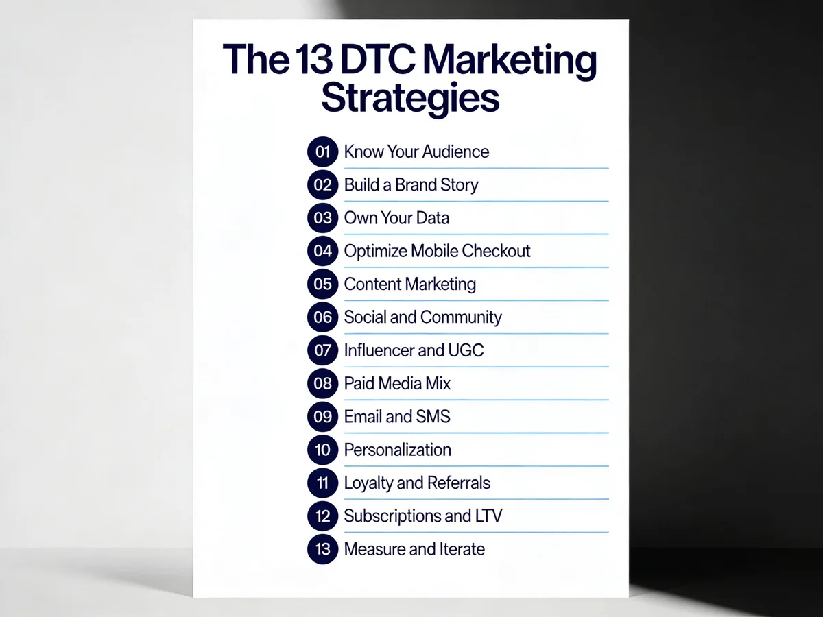 Infographic listing the 13 DTC marketing strategies numbered 01 through 13 in navy and sky blue
