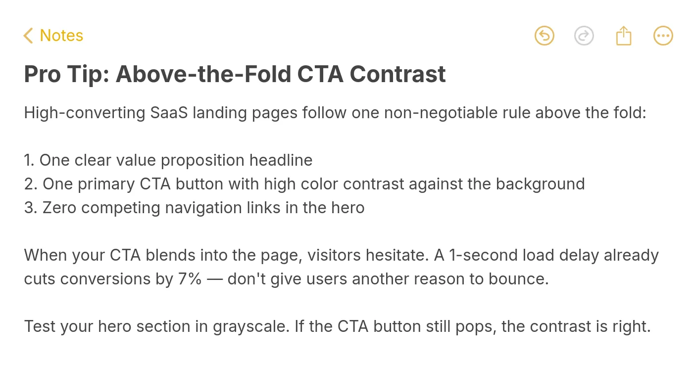 Pro tip note on above-the-fold CTA contrast for SaaS landing pages