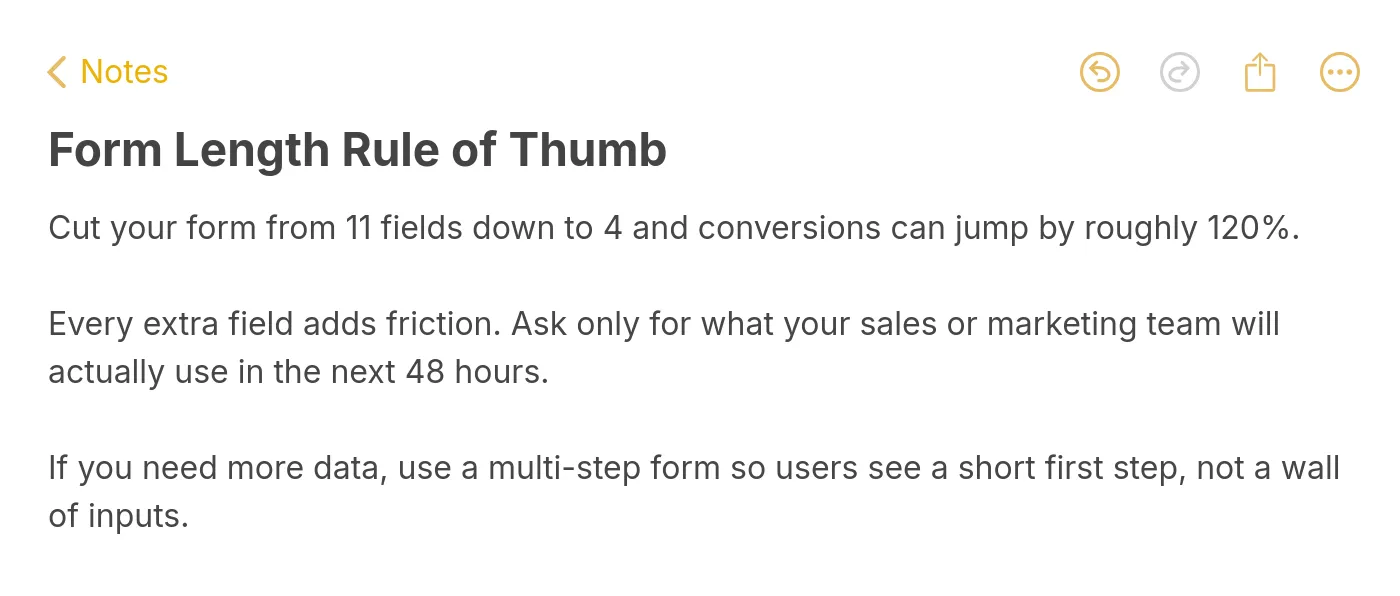 Takeaway note: cut form from eleven fields to four to lift conversions