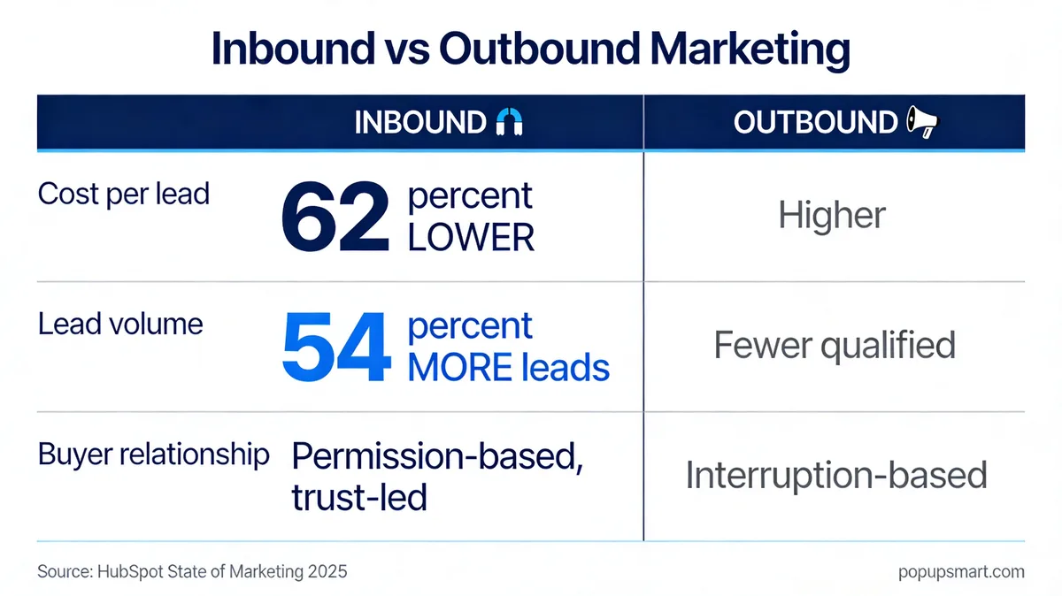 Inbound vs outbound marketing comparison showing 62 percent lower CPL and 54 percent more leads