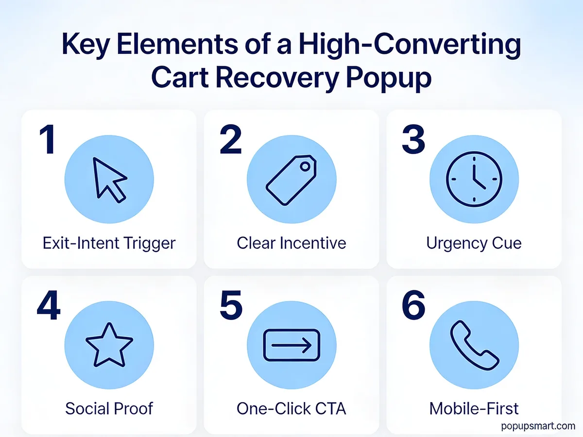 Six key elements of a high-converting cart recovery popup: exit-intent trigger, clear incentive, urgency cue, social proof, one-click CTA, and mobile-first design