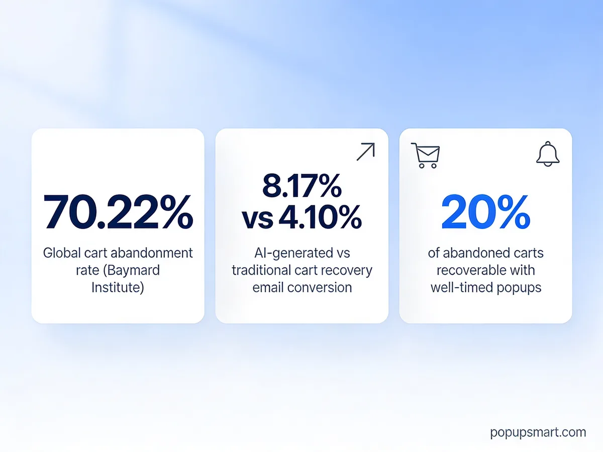 Cart abandonment benchmarks for 2026: 70.22% global cart abandonment rate from Baymard Institute, 8.17% AI-generated recovery email conversion versus 4.10% for traditional emails, and 20% of abandoned carts recoverable with well-timed popups