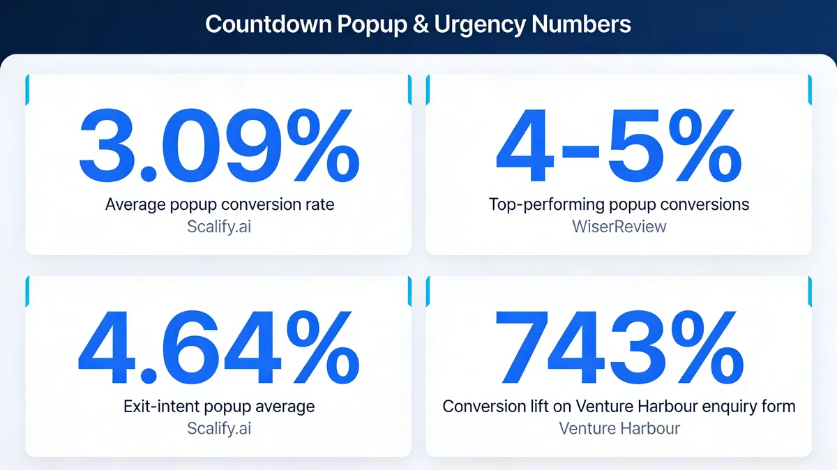 Infographic showing four popup conversion benchmarks: 3.09 percent average conversion rate, 4 to 5 percent for top-performing popups, 4.64 percent for exit-intent popups, and a 743 percent lift case study from Venture Harbour