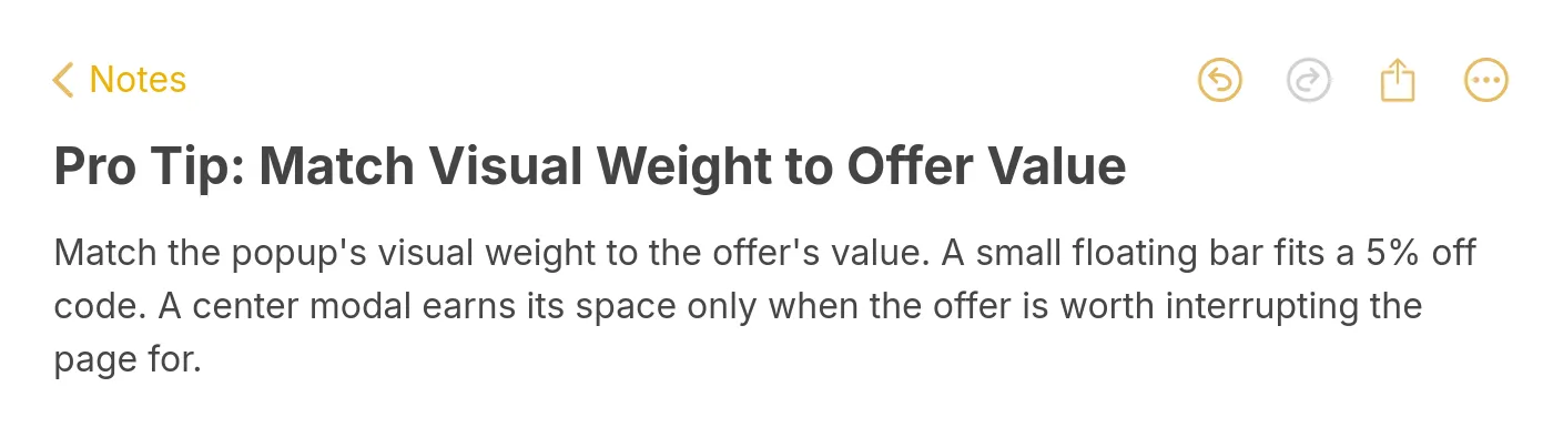 Pro tip note image: Match the popup's visual weight to the offer's value.