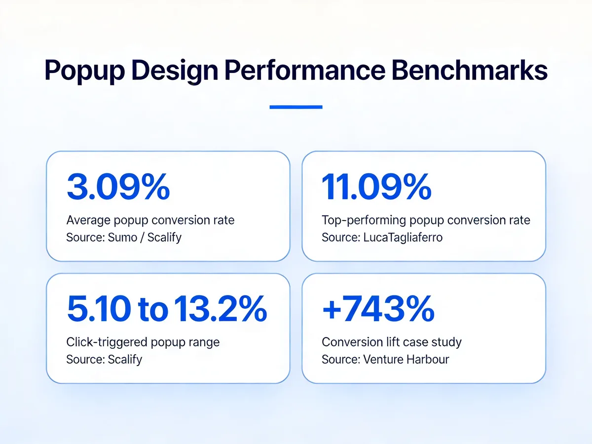 Popup Design Performance Benchmarks infographic showing 3.09% average conversion rate, 11.09% top-performing rate, 5.10 to 13.2% click-triggered range, and 743% conversion lift case study